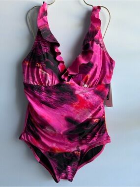 DKNY Women’s Pink Ruffle Plunge Underwire Tummy Control One-Piece Swimsuit XXL